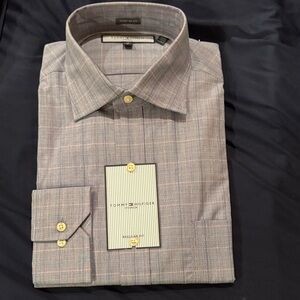 Tommy Hilfiger Men's Pink and Gray Micro-Plaid Dress Shirt